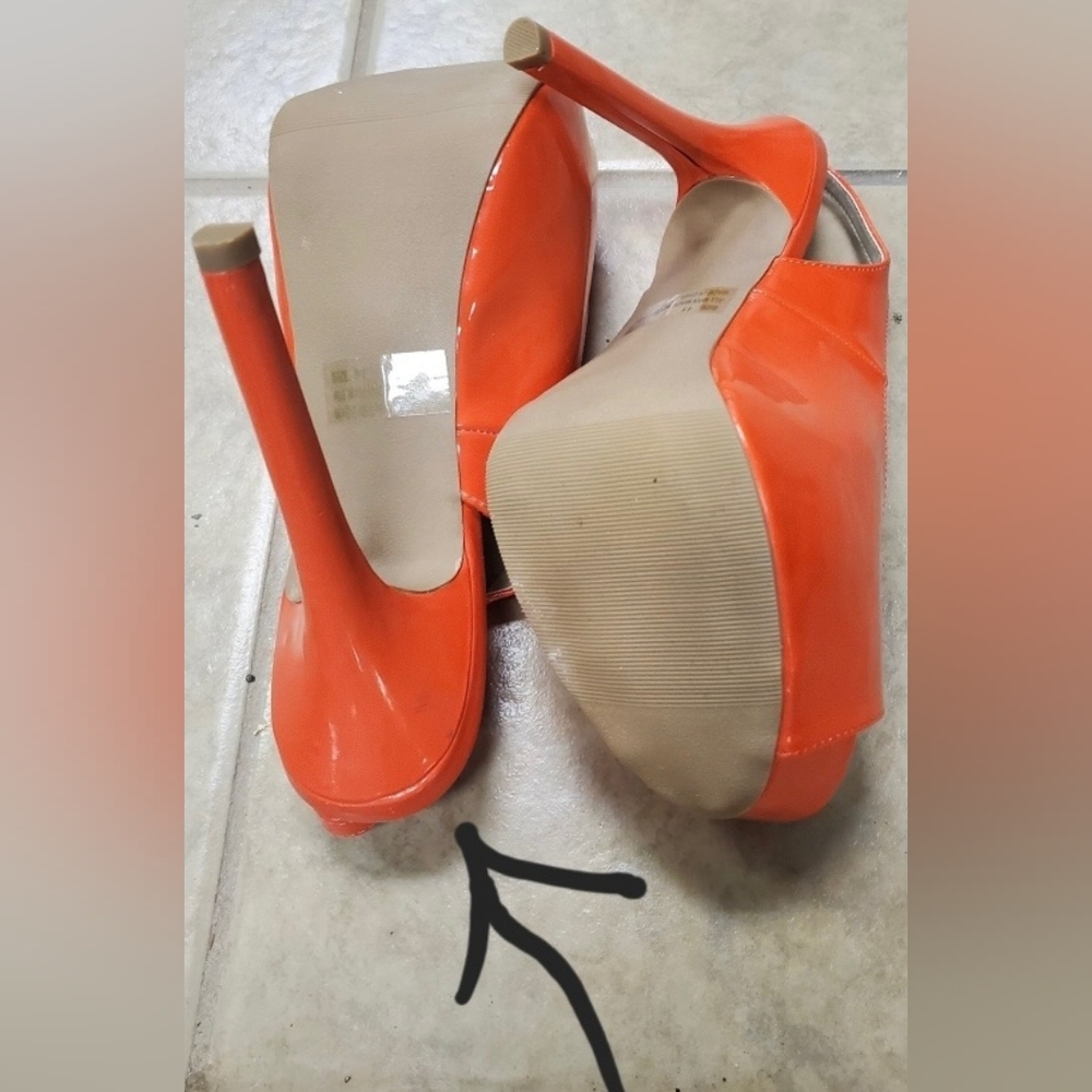 Sexy Deb Orange Patent Leather Peep-Toe Slingback Stripper Heels, Sz 11! 🍁 - Picture 4 of 7